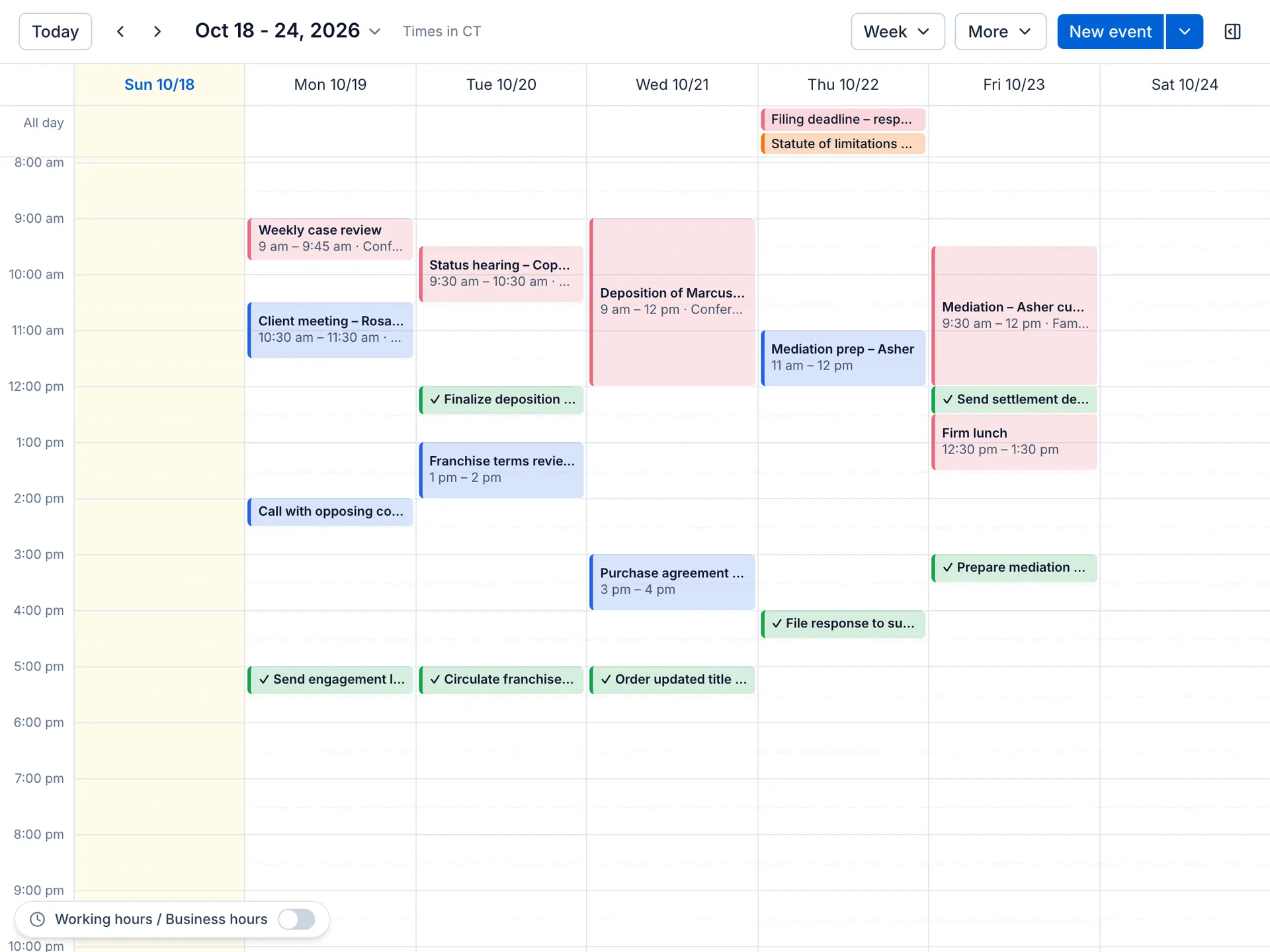 Delora Manage week calendar for a sample firm, showing court dates, a filing deadline, a statute of limitations date, meetings and tasks across the week